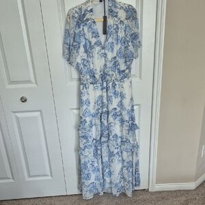 Blue and White Flutter Sleeve Maxi Sundress